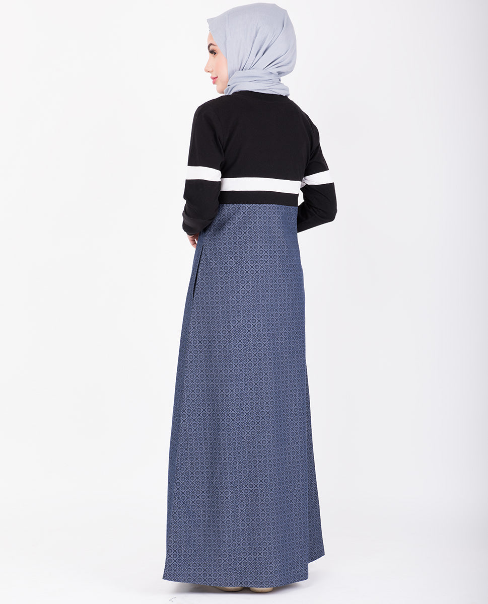 Printed Denim With Contrast Black Top Jilbab