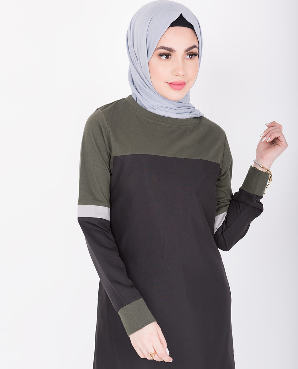 Black & Seaweed Green Contrast Jersey Jilbab