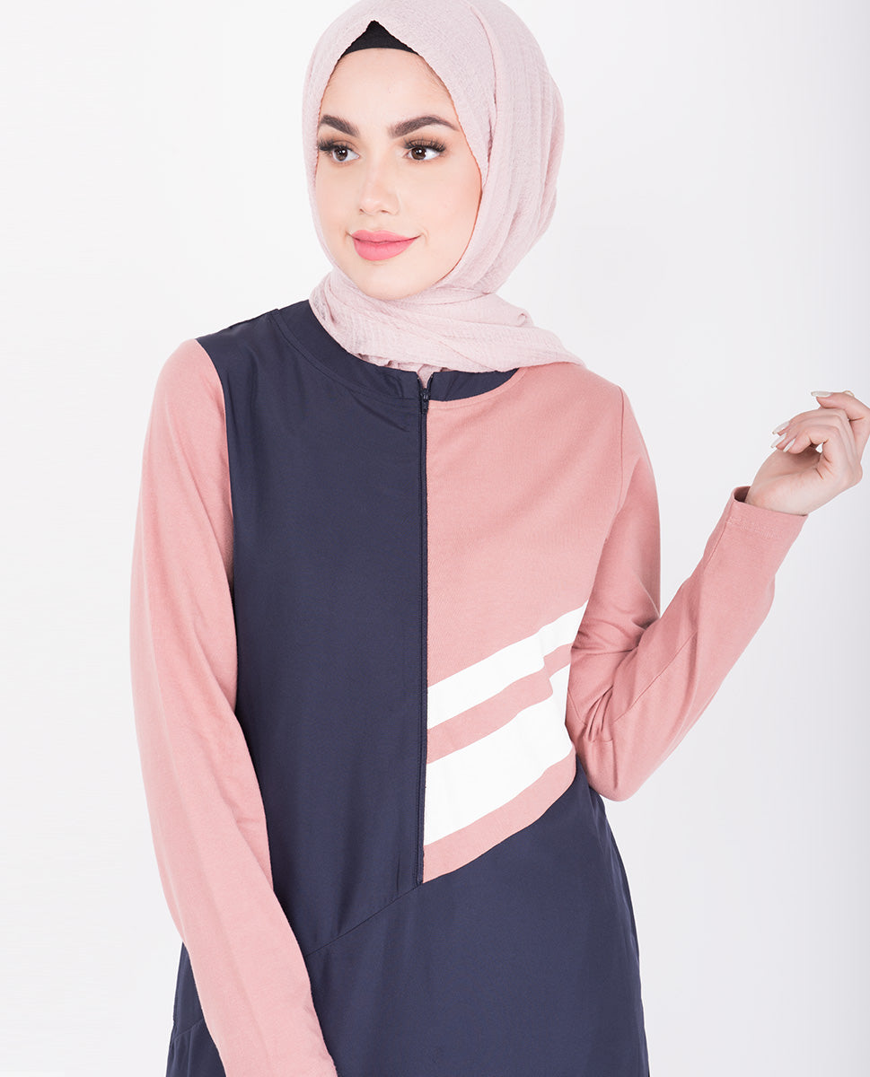 Grey & Pink Retro Stripe Print Jilbab