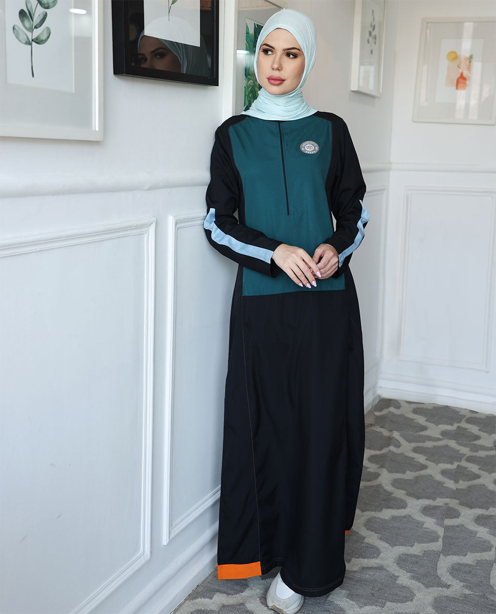 Black and Teal Jilbab with Orange Highlights