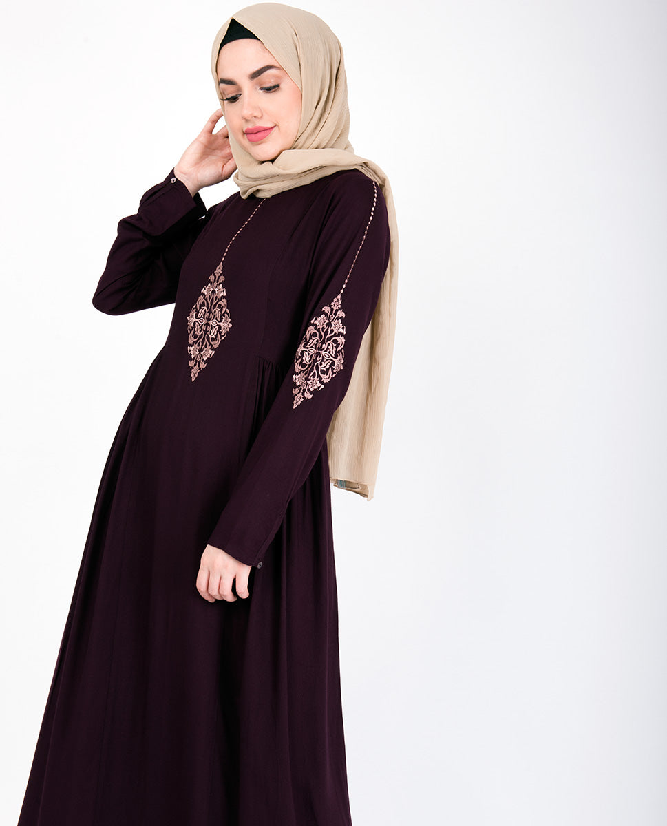 Maroon Gold Diamond Embroidery Abaya