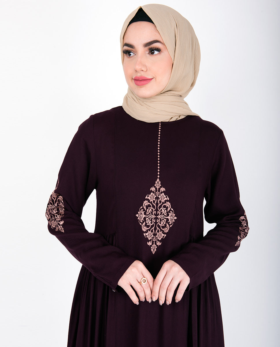 Maroon Gold Diamond Embroidery Abaya