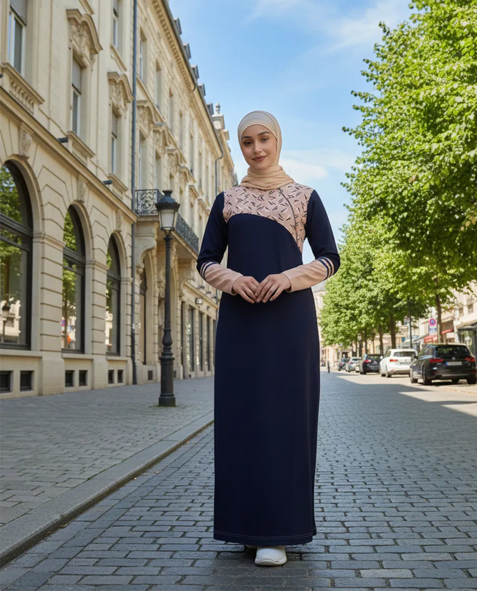 Navy & Tan Linear Print Jilbab