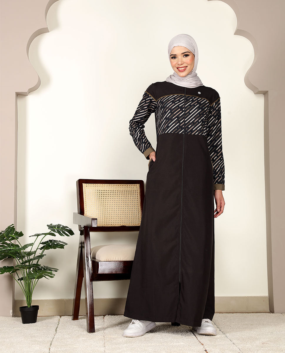 Digital Black Full Front Open Jilbab