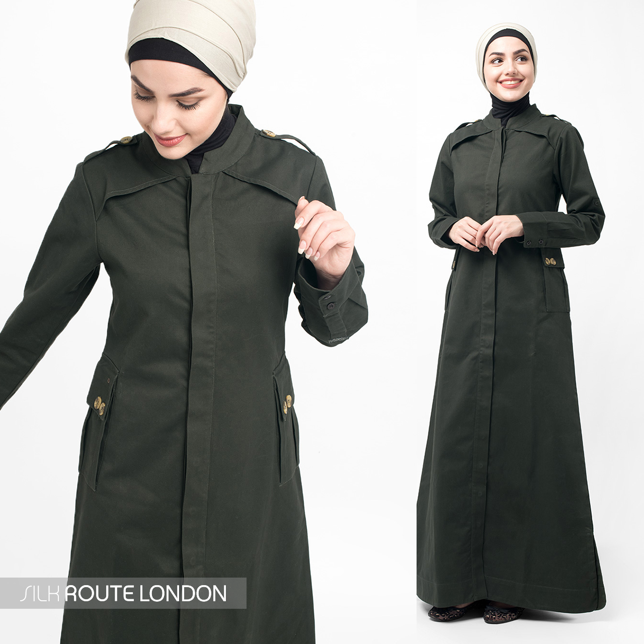 Button Down Military Olive Urban Jilbab- 1WJBSRUS0189B