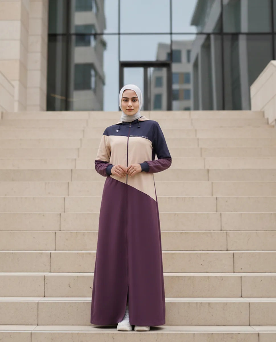 Burgundy Contrast Full Front Open Hooded Jilbab