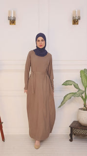 Khaki Brown Belted Rayon Abaya