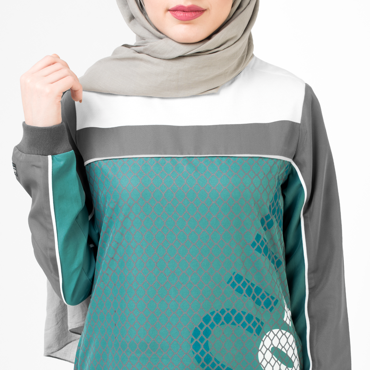 Grey & Teal Sport Print Jilbab- 1WJBSRRZ0271A